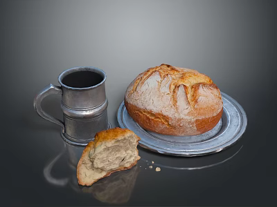 Fresh Crusty Bread On Silver Plate With Sliced Piece And Silver Mug And Crumbs 3d model