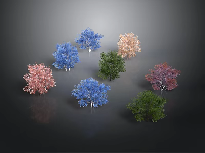 Various Colored Trees in Blue Pink Orange Green Purple on Dark Background 3d model