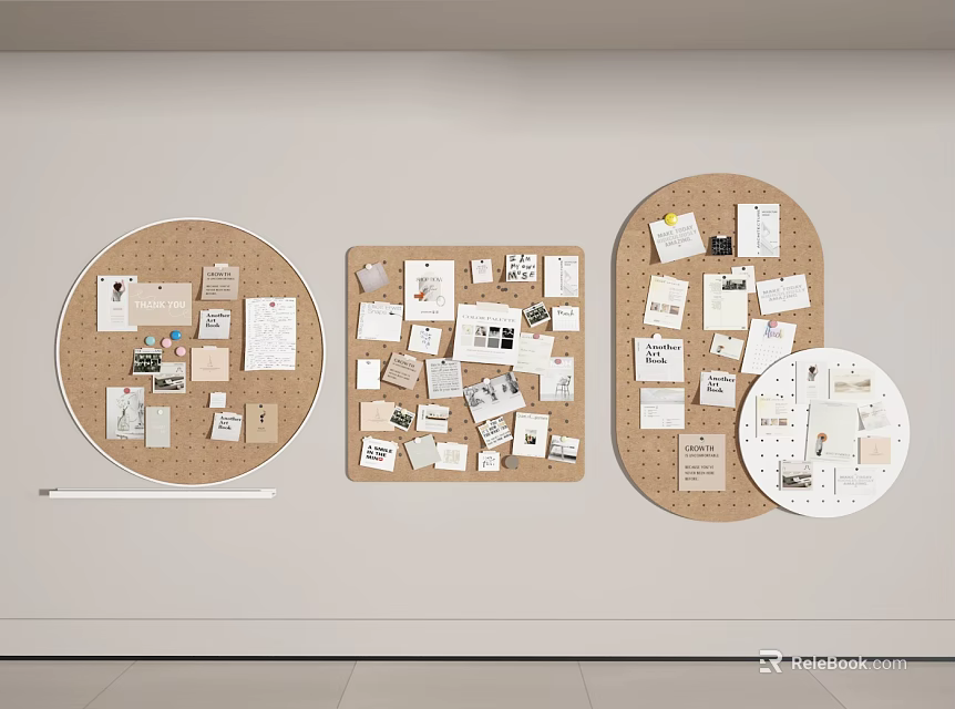 Corkboard Wall Hanging with Papers Notes and Decorative Cards on White Wall 3d model 