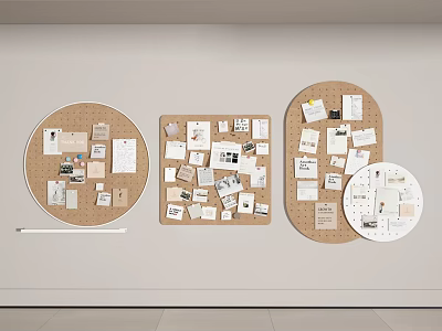 Corkboard Wall Hanging with Papers Notes and Decorative Cards on White Wall 3d model