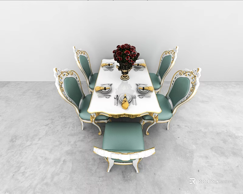 Elegant Dining Table Set With Carved Gold Accents Light Green Seats And White Tablecloth 3d model 