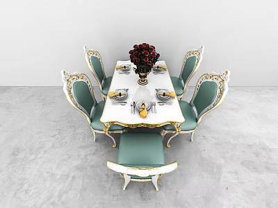 Elegant Dining Table Set With Carved Gold Accents Light Green Seats And White Tablecloth 3d model