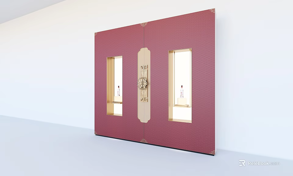 Red Accent Wall With Golden Decorative Strips And Side Windows With Displayed Items 3d model 