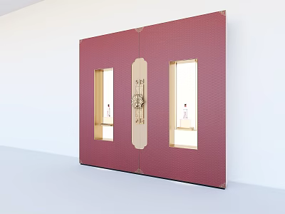 Red Accent Wall With Golden Decorative Strips And Side Windows With Displayed Items 3d model