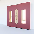 Red Accent Wall With Golden Decorative Strips And Side Windows With Displayed Items 3d model
