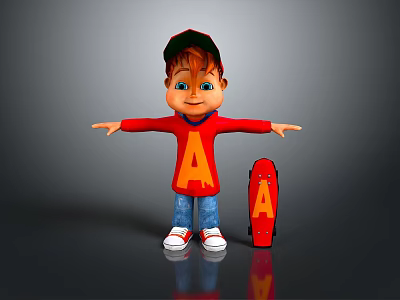 Cartoon Boy In Red Shirt With Letter A Arms Outstretched Standing By Red Skateboard 3d model