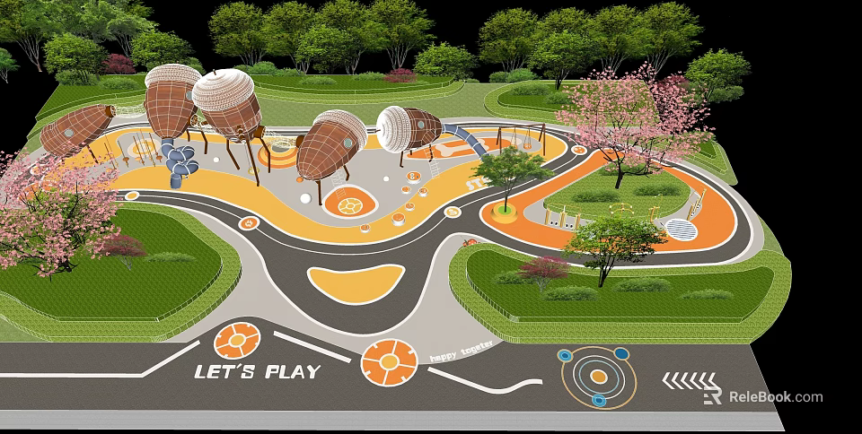 Kids Playground With Colorful Paths Spiral Structures Green Trees Let's Play Sign And Flowering Plants 3d model 