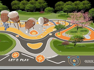Kids Playground With Colorful Paths Spiral Structures Green Trees Let's Play Sign And Flowering Plants 3d model