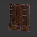 Traditional Brown Wooden Display Cabinet With Single Door Multiple Shelves And Bottom Drawers