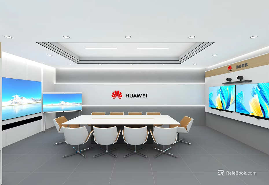 Modern HUAWEI Meeting Room With Long Table White Chairs And Large Screens 3d model 