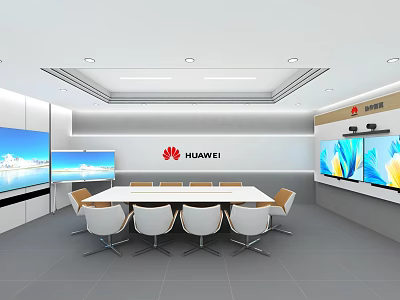 Modern HUAWEI Meeting Room With Long Table White Chairs And Large Screens 3d model