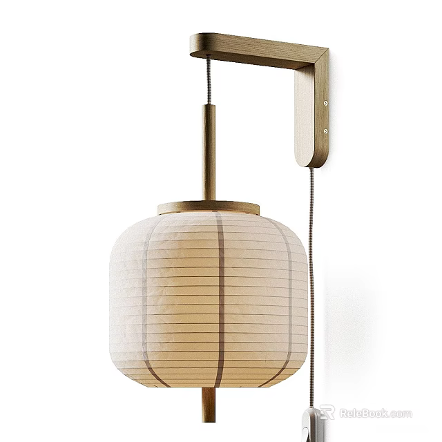 Minimalist Japanese Style Wall Lamp With Round Paper Shade And Brass Striped Frame 3d model 