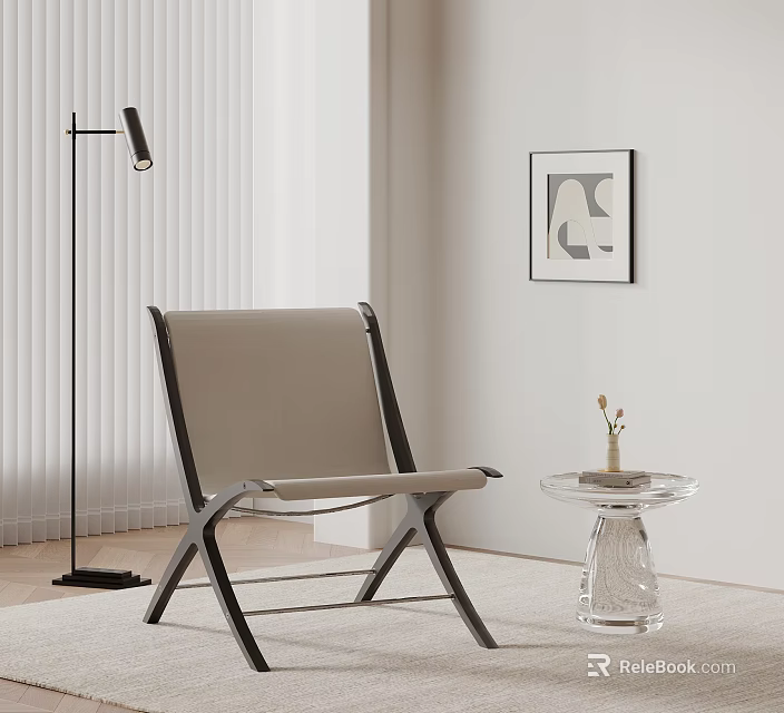Modern Lounge Chair With Fabric Upholstered Metal Frame And Glass Side Table 3d model 