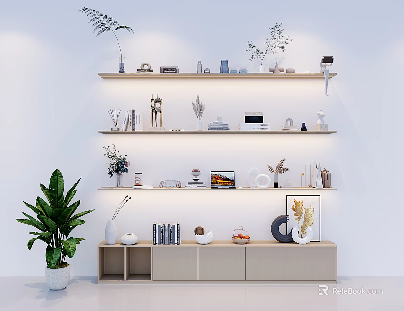 Minimalist Modern Decorative Ornaments Set On Wall Shelves With Plants Photo Frames And Vases 3d model 