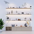 Minimalist Modern Decorative Ornaments Set On Wall Shelves With Plants Photo Frames And Vases