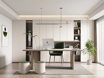 Modern Home Office Interior Design With Wooden Desk Laptop Green Chair And Potted Plants 3d model
