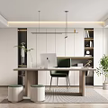 Modern Home Office Interior Design With Wooden Desk Laptop Green Chair And Potted Plants