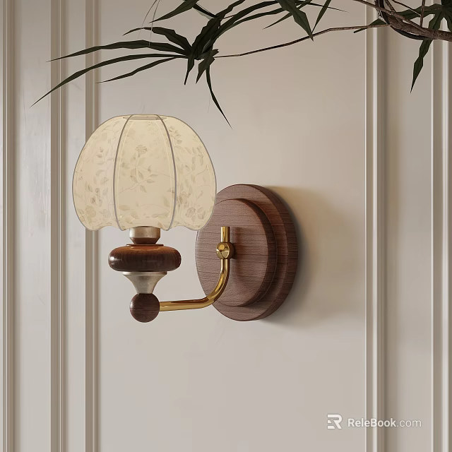 Wooden Base Wall Lamp With Fabric Lampshade On White Wall And Green Leaves 3d model 