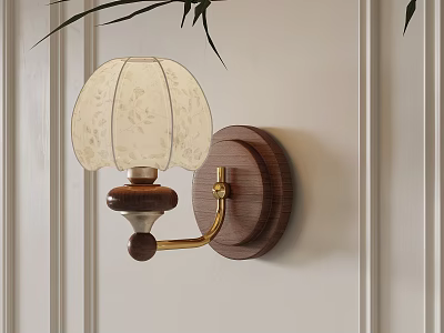Wooden Base Wall Lamp With Fabric Lampshade On White Wall And Green Leaves 3d model