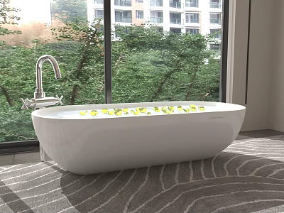 Modern Bathroom Interior Featuring White Freestanding Bathtub And Green Plants View Through Window 3d model