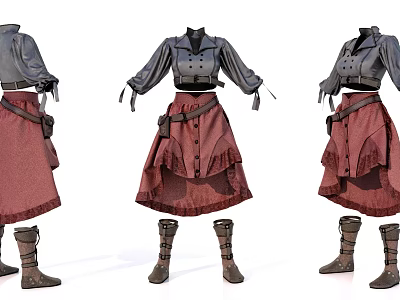 Vintage Steampunk Outfit with Buttoned Dark Top Ruffled Red Skirt Brown Boots and Belt 3d model