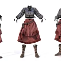 Vintage Steampunk Outfit with Buttoned Dark Top Ruffled Red Skirt Brown Boots and Belt