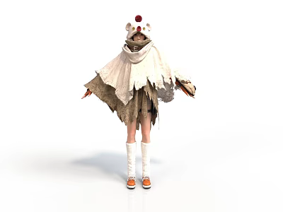 Character Outfit With Red Top Hat Bear Ears Scarf Tattered White Cloak And Orange Shoes 3d model
