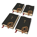 Black Cover Christian Book With Golden Cross Wooden Rosary Beads And Red Bookmark