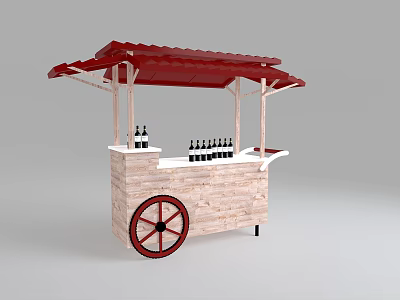 Wooden Mobile Wine Cart With Red Roof And Bottles On 3d model