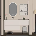 Modern Bathroom Interior Design With Oval Mirror Vanity Shelf And Floor Lamp