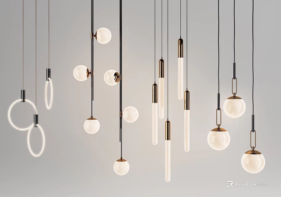 Modern Pendant Lights With Various Designs Spherical Cylindrical Ring Shapes And White Metal Finishes 3d model 
