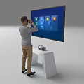 Tech Exhibition Hall Featuring Man Operating Large Interactive Screen With Colorful Icons And Headphones