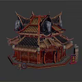 Cartoon Scene Chinese Style Red Building with Multi Layered Roof Animal Head Decorations Wooden Structure
