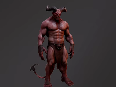 Game Movie Demon Character With Horns Muscular Build Red Skin And Tail 3d model