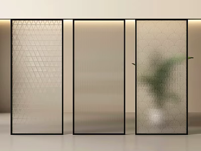 Glass Room Dividers With Geometric Patterns Frosted Panel And Green Plant Interior 3d model