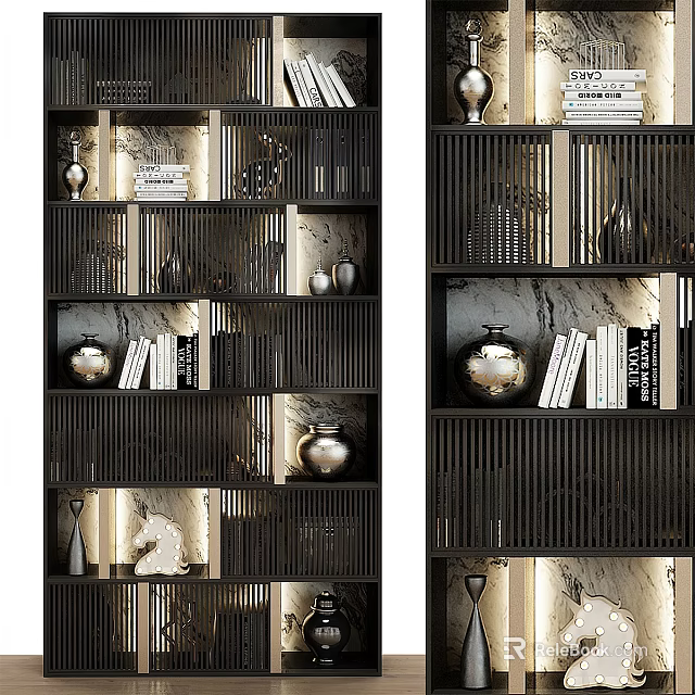 Modern Elegant Display Cabinet With Dark Wood Vertical Stripes And Books Decorative Vases 3d model 
