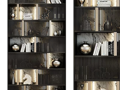Modern Elegant Display Cabinet With Dark Wood Vertical Stripes And Books Decorative Vases 3d model