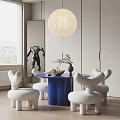 Modern Dining Table Set Blue Round Table White Curved Chairs Spherical Light Sculpture And Window 3d model