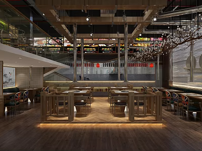 Modern Spacious Hotpot Restaurant Interior With Wooden Decor Chandeliers And Dining Tables 3d model