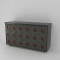 Modern Dark Green Chest of Drawers with Red Circular Accents and Multiple Drawers