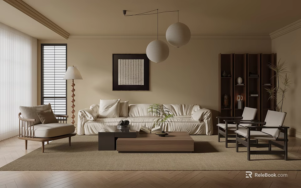 Modern Living Room Interior With Beige Sofa White Pendant Lights Wooden Bookshelf And Herringbone Floor 3d model 