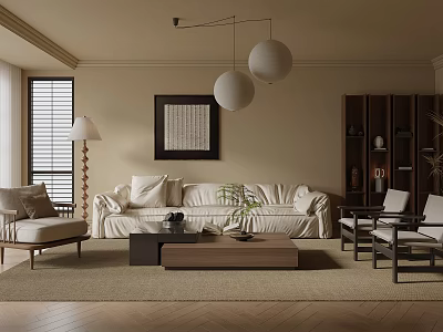 Modern Living Room Interior With Beige Sofa White Pendant Lights Wooden Bookshelf And Herringbone Floor 3d model