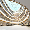Modern Shopping Mall Interior With Multi Level Structure Spiral Staircase And Glass Dome