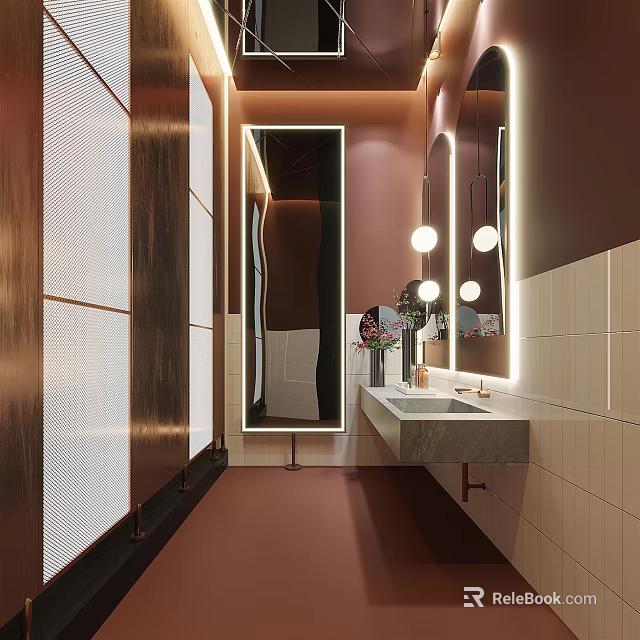 Modern Public Restroom Interior Design With Mirrored Walls Sink Tile Finishes And Lighting 3d model 