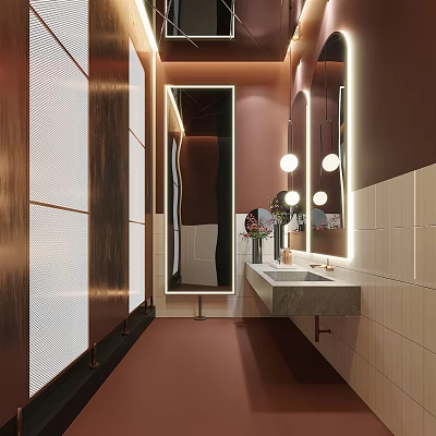 Modern Public Restroom Interior Design With Mirrored Walls Sink Tile Finishes And Lighting 3d model