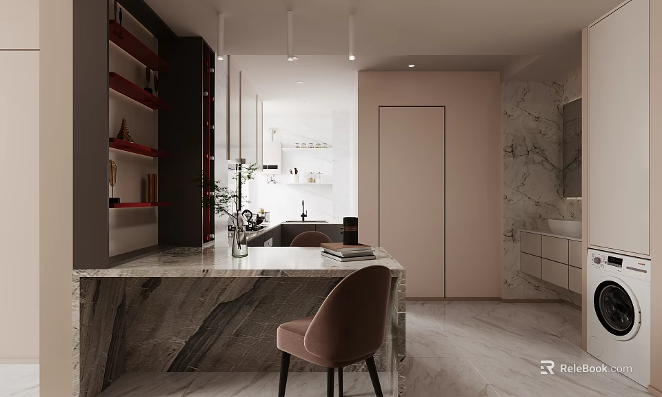 Elegant Modern Kitchen Interior With Open Layout Marble Bar Counter And Light Cabinets 3d model 