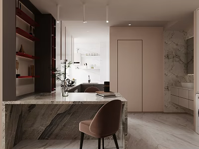 Elegant Modern Kitchen Interior With Open Layout Marble Bar Counter And Light Cabinets 3d model