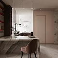 Elegant Modern Kitchen Interior With Open Layout Marble Bar Counter And Light Cabinets