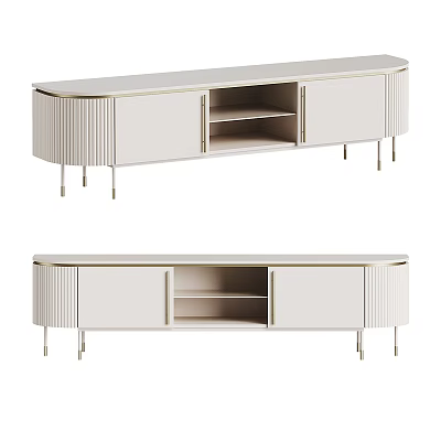 Modern Striped Design TV Stand With Cream White Finish Gold Metal Legs And Open Shelf 3d model