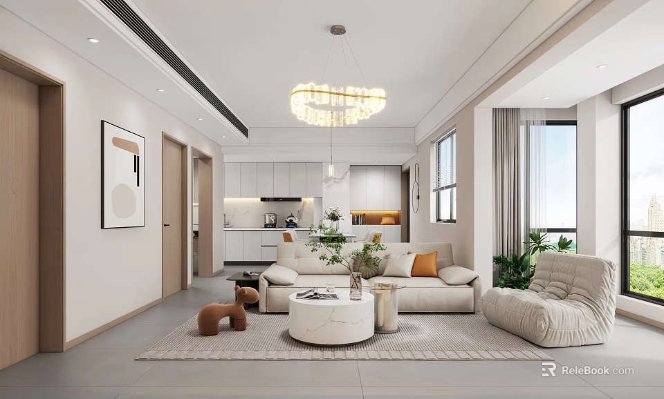 Modern Living Dining Room Interior With Open Kitchen Sofa Coffee Table Rug And Plants 3d model